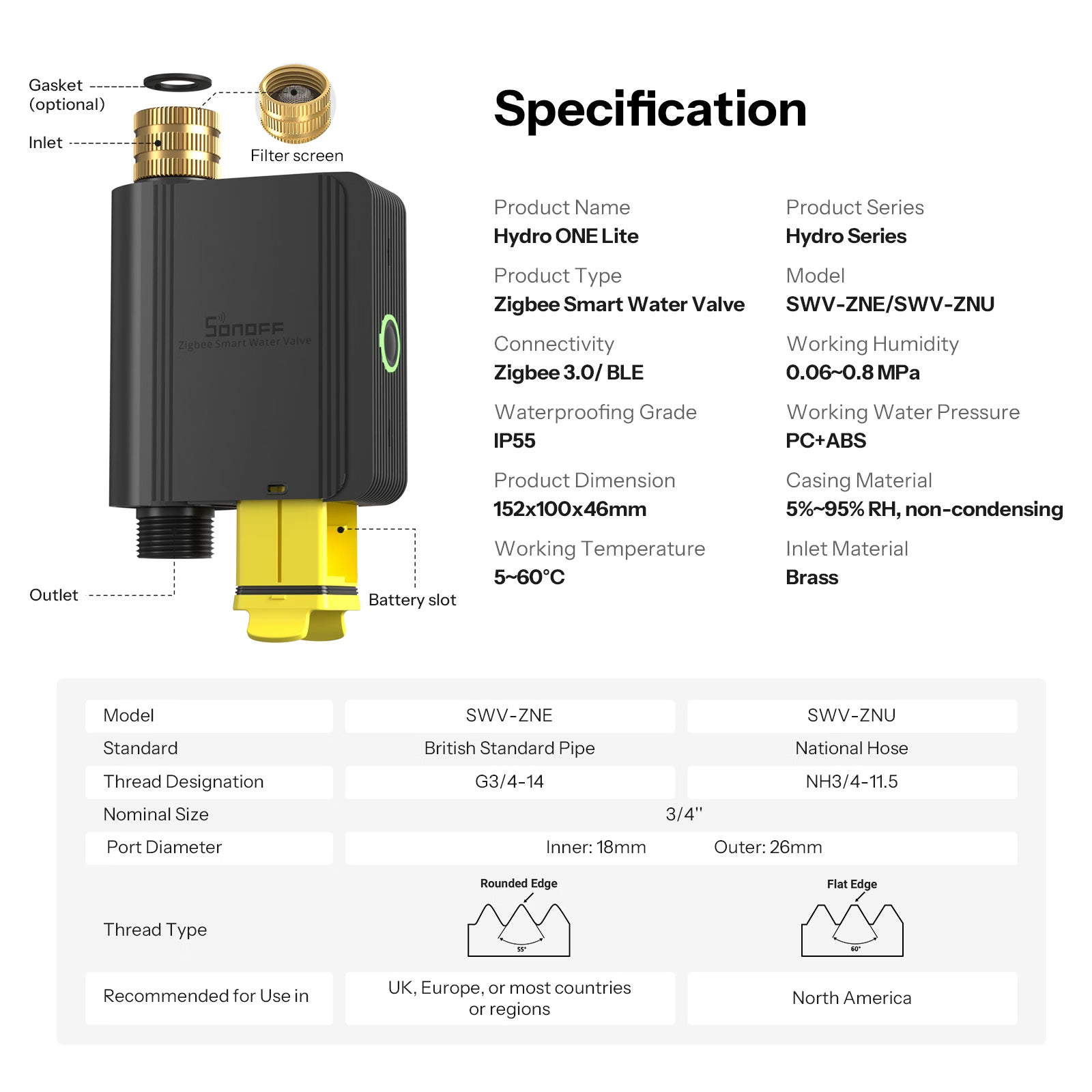 SONOFF Hydro Series Hydro ONE Lite Válvula Inteligente de Água Zigbee Sem Medidor de Fluxo | SWV-ZNU/SWV-ZNE