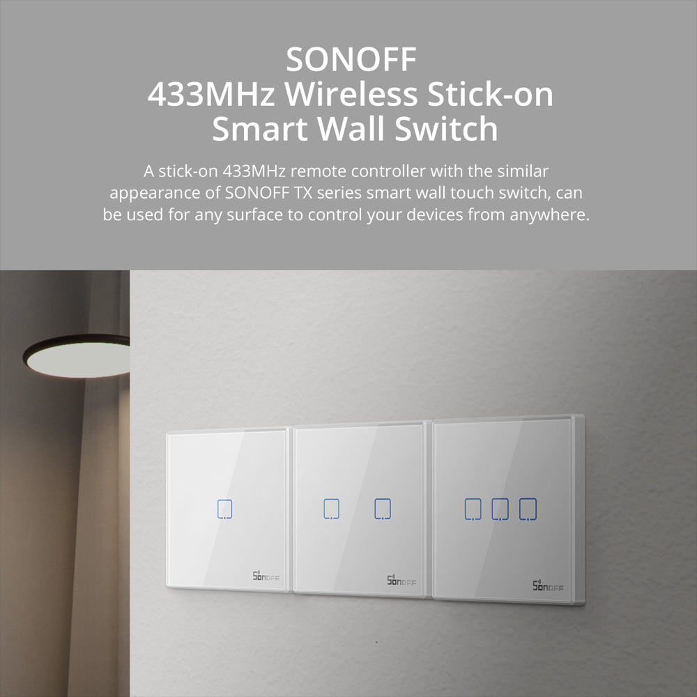 SONOFF T2EU-RF – Wall Panel Sticky 433MHz Wireless RF Remote 1-3 Gang