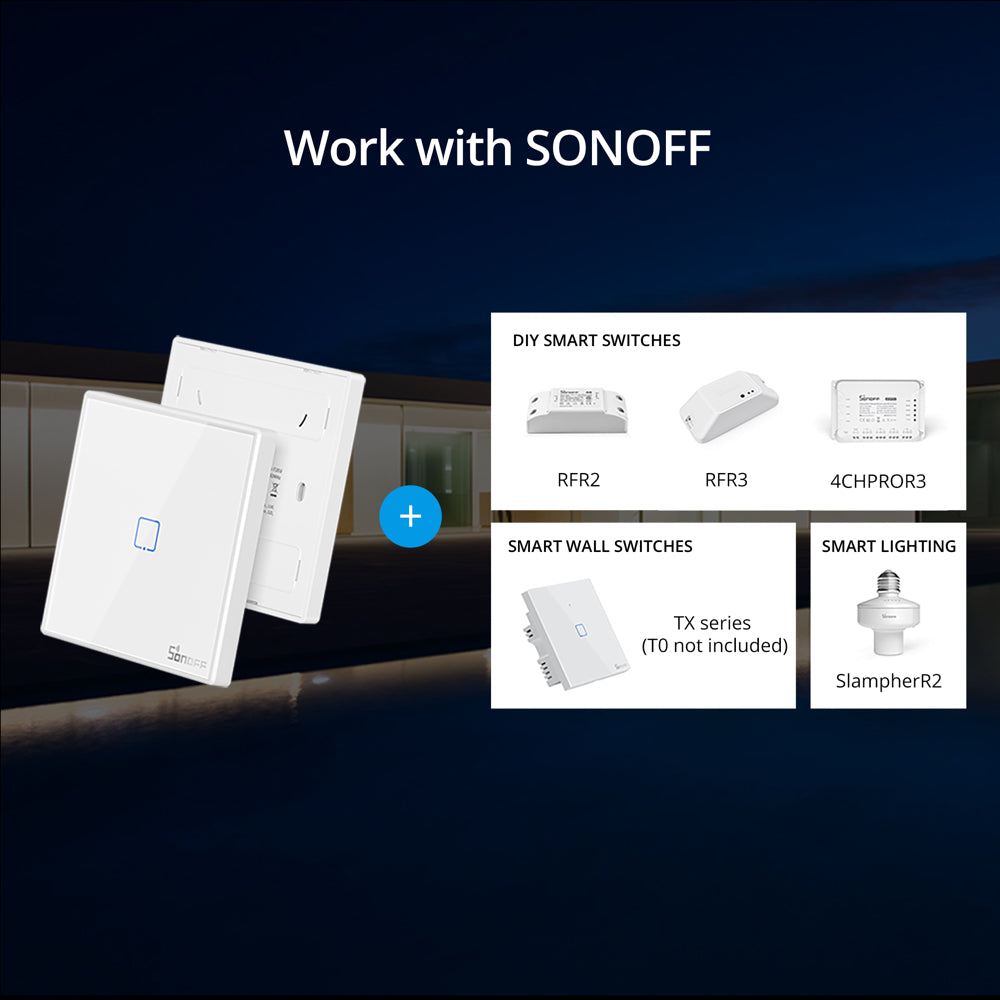 SONOFF T2EU-RF – Wall Panel Sticky 433MHz Wireless RF Remote 1-3 Gang