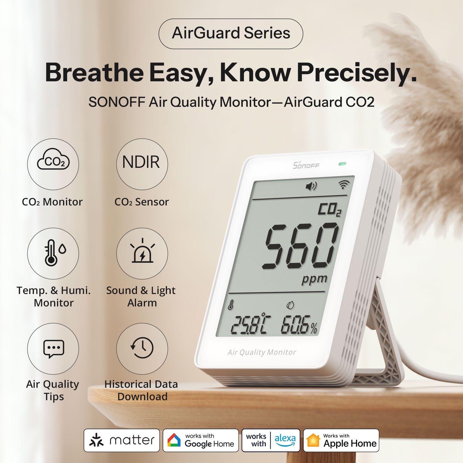 SONOFF AirGuard CO2 Monitor de Qualidade do Ar Matter via Wi-Fi | SAWF-08P