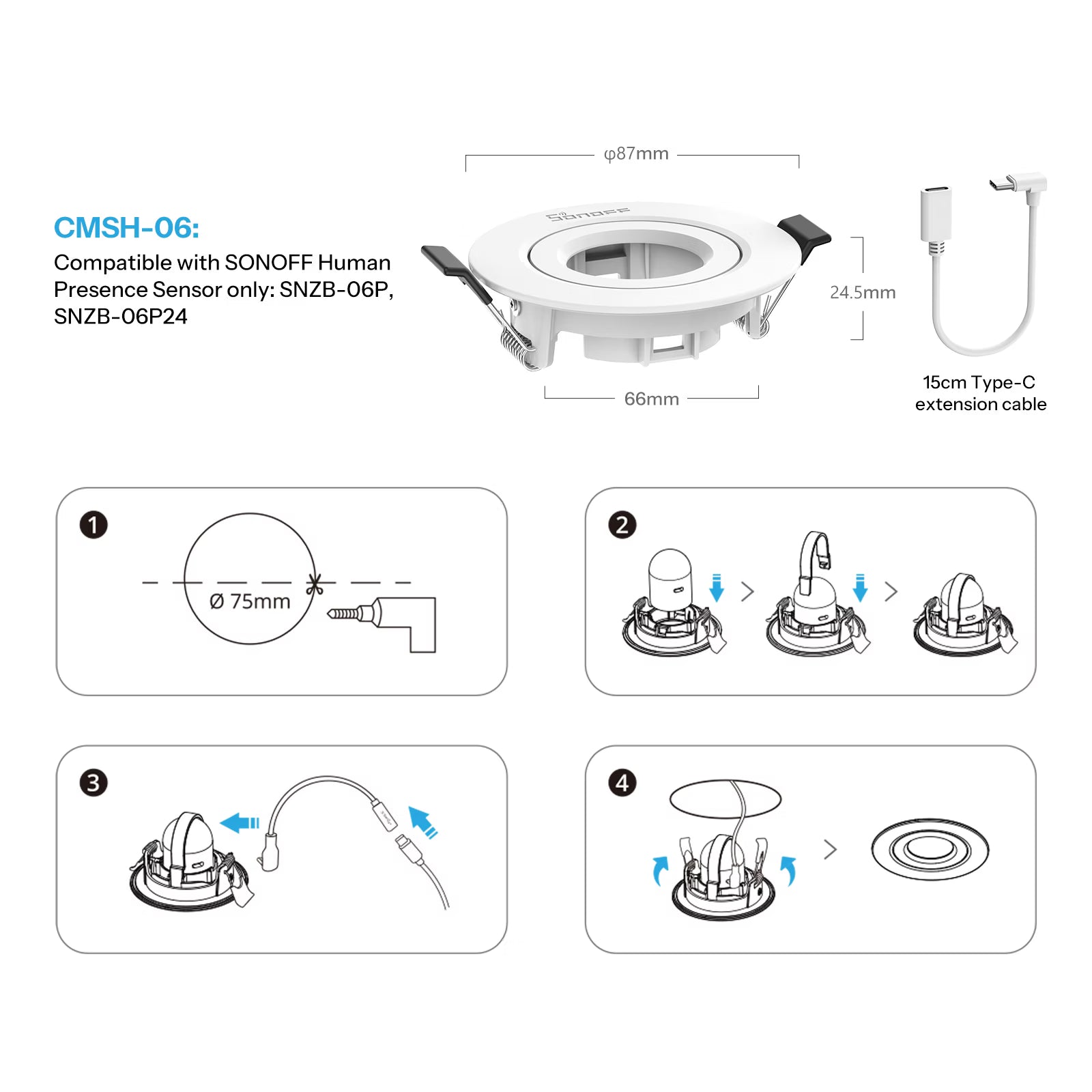 SONOFF Motion & Presence Sensor Recessed Ceiling-Mount Adapter | CMSH03/CMSH06