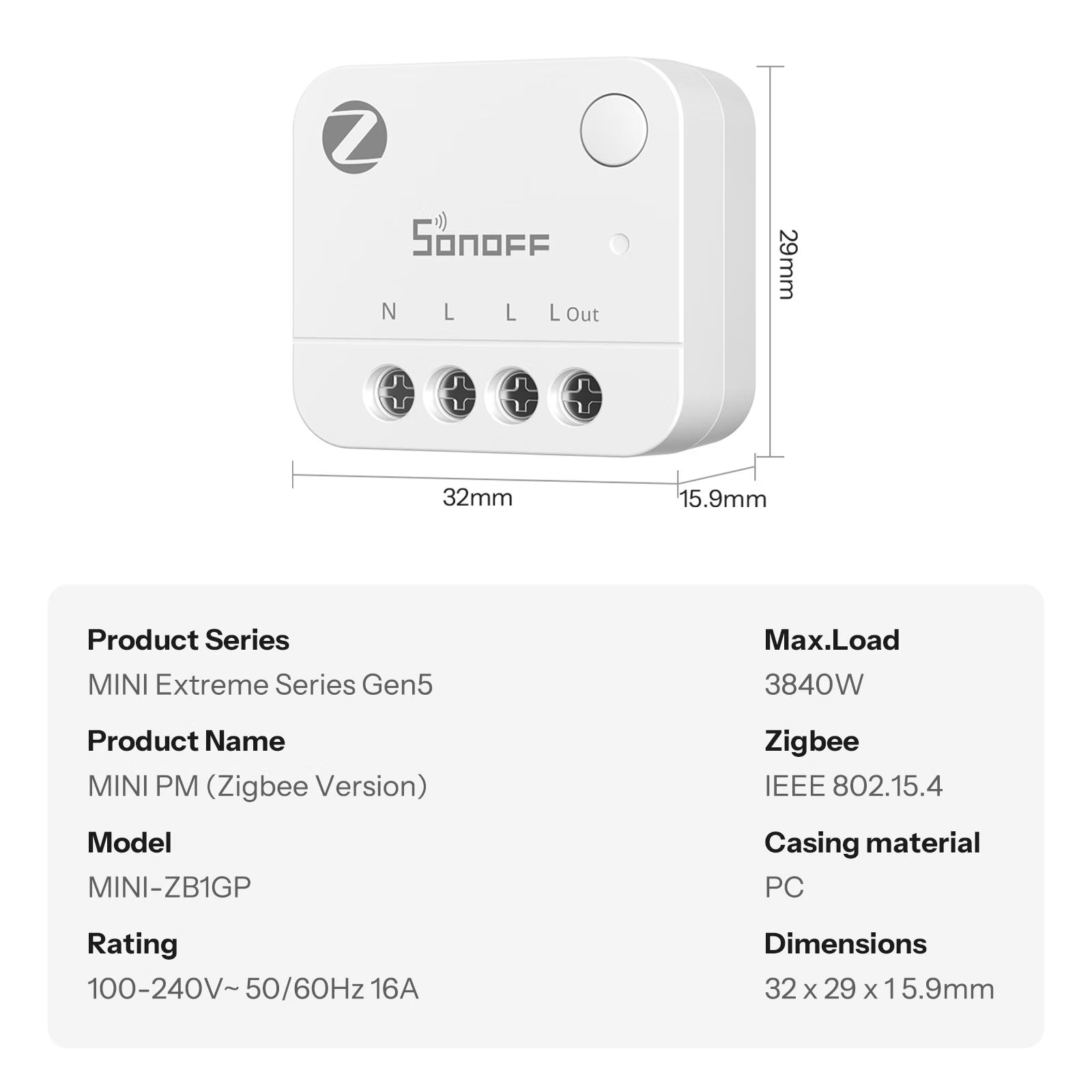 Compteur d'énergie SONOFF MINI PM Zigbee (sans interrupteur) | MINI-ZB1GP