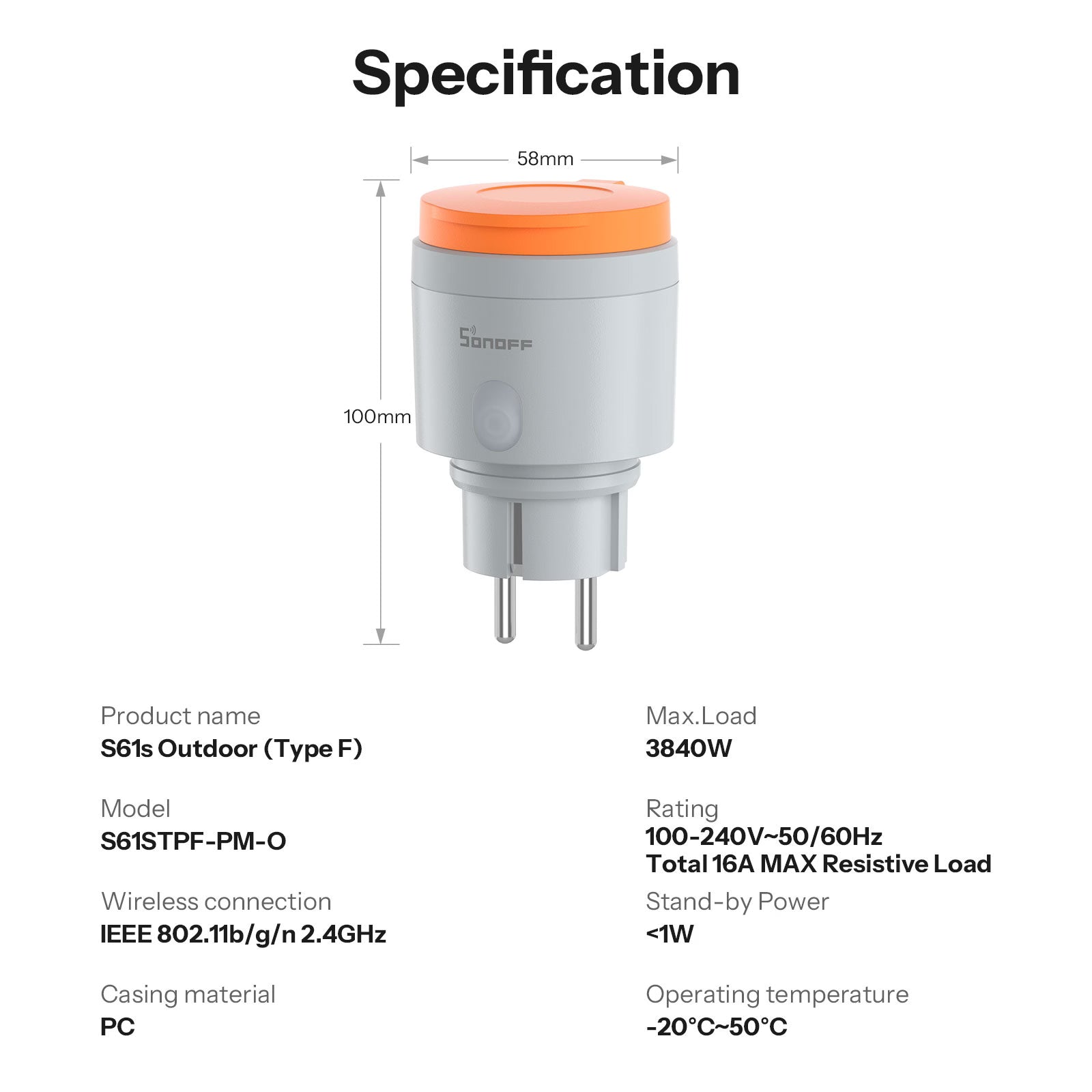 Enchufe Inteligente SONOFF S61s Exterior (Tipo F) Matter Over WiFi | S61STPF-PM-O