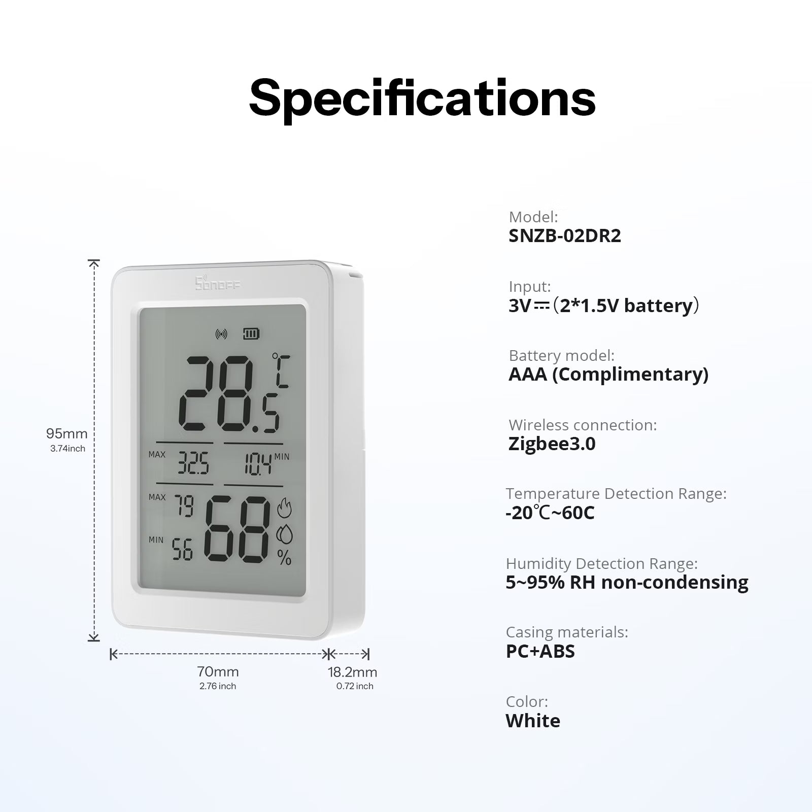 SONOFF AirGuard TH 3,6'' LCD Zigbee Hőmérséklet- és Páratartalom-érzékelő | SNZB-02DR2