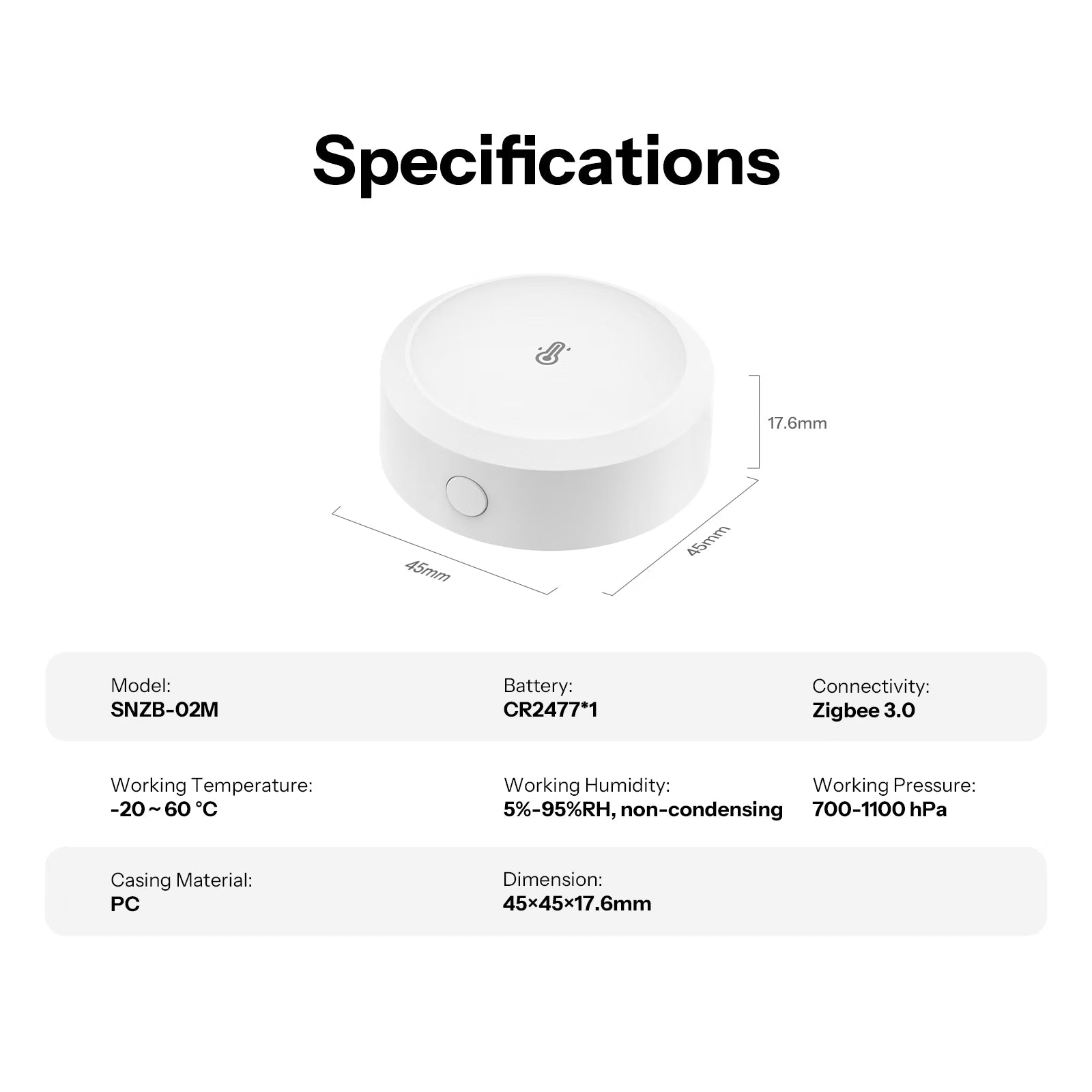 Capteur de température, humidité et pression atmosphérique SONOFF AirGuard TH Zigbee | SNZB-02M