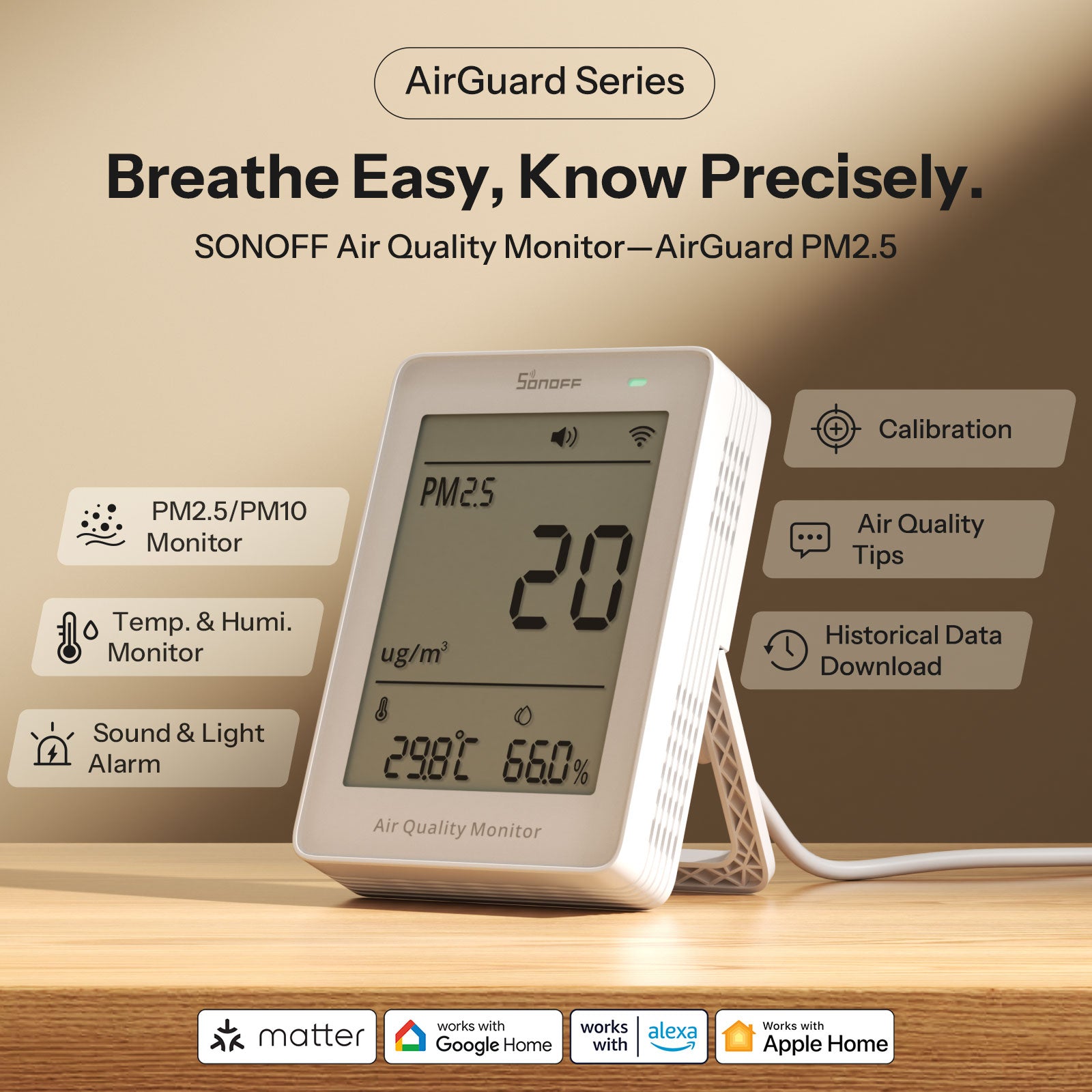 SONOFF AirGuard PM2.5/PM10 Matter Over Wi-Fi  Air Quality Monitor | SAWF-07P